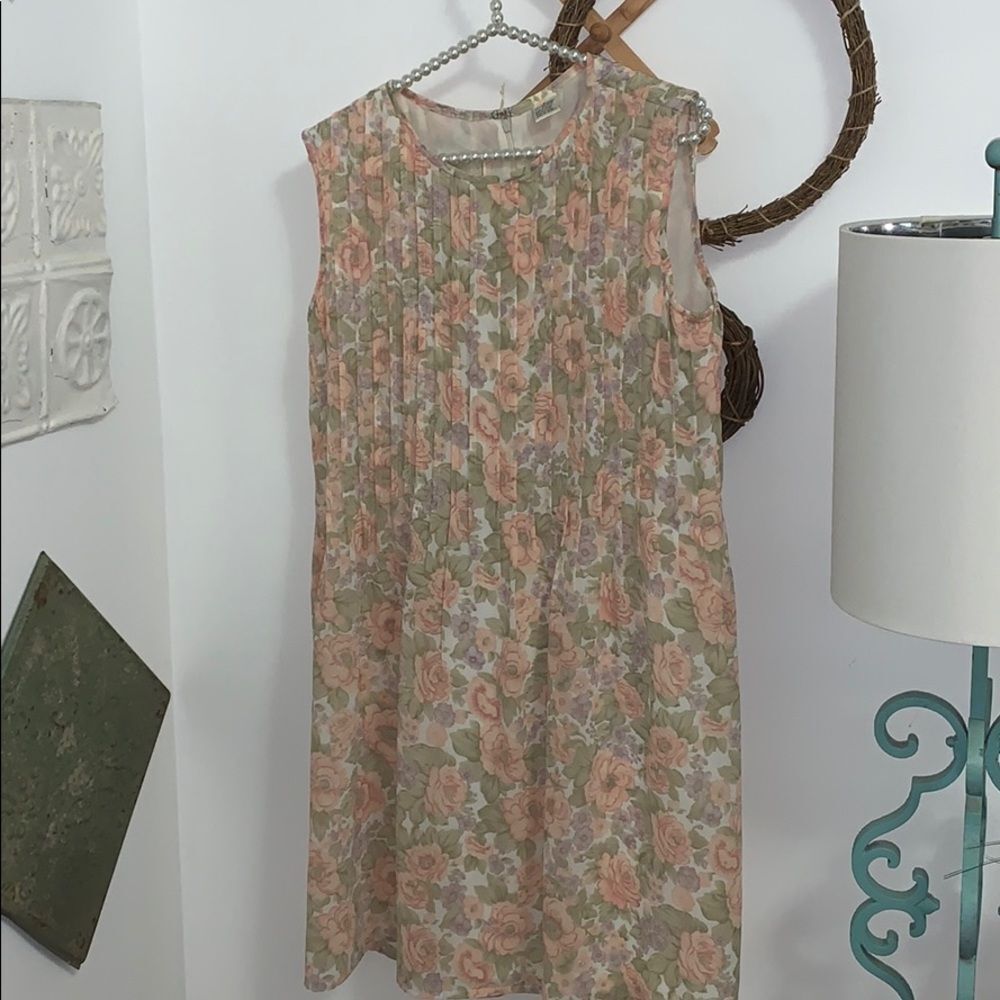 Vtg Liz Claiborne Pleated Midi Dress M Chiffon Pink Sage Green Floral Sleeveless